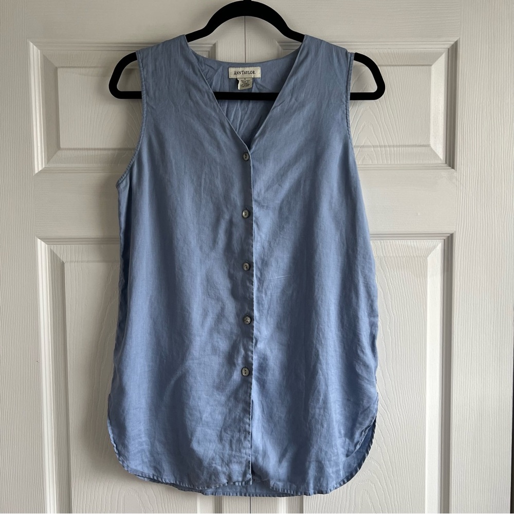 Ann Taylor 100% Linen Chambray Blue Button Sleeveless Top Lagenlook S Career